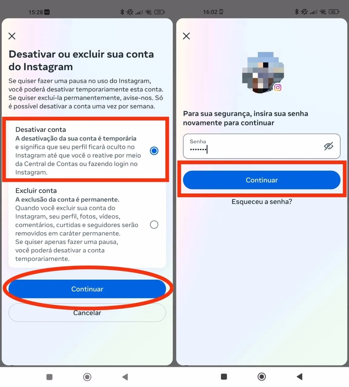 desativando a conta do instagram