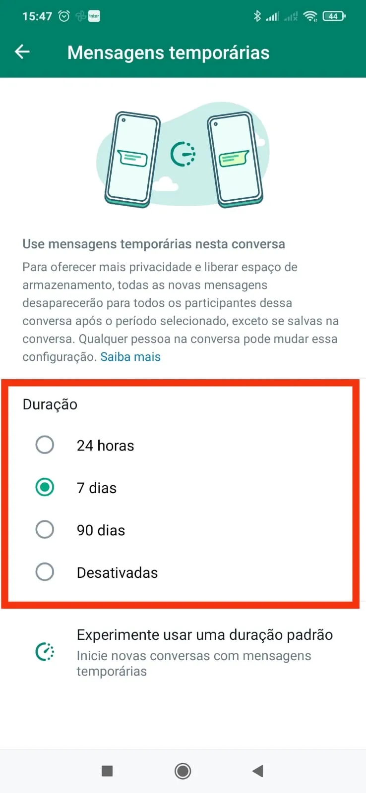 opções de duração de mensagem temporária