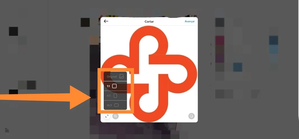 escolhendo o tamanho da imagem no Instagram