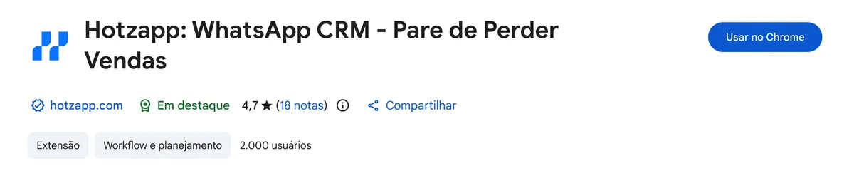 Extensão Hotzapp na Chrome Web Store com 4.7 estrelas