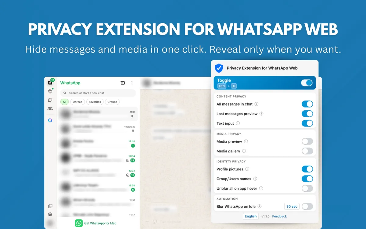 Extensão Hotzapp para WhatsApp Web mostrando popup com controles de desfoque ativados