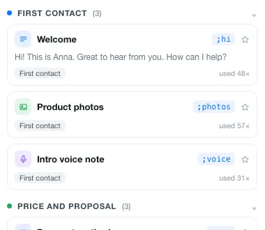 Hotzapp saved messages panel, with an intro voice note template and its shortcut