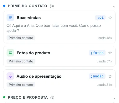 Painel de mensagens prontas do Hotzapp, com áudio de apresentação salvo e atalho