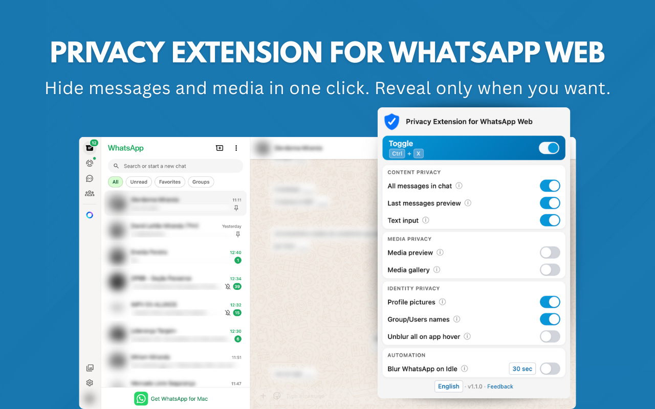 Screenshot of Privacy Extension for WhatsApp Web showing blurred messages